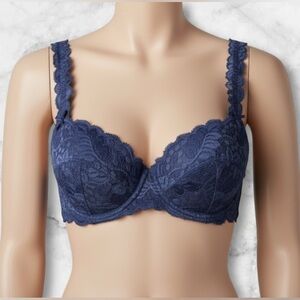 Barbara Paris Vintage Bra Midnight Blue Lace Demi Underwire Balconette Size 34B